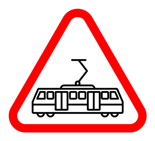 Tramway caution traffic sign color outline icon