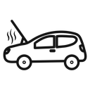 Broken car with open hood icon