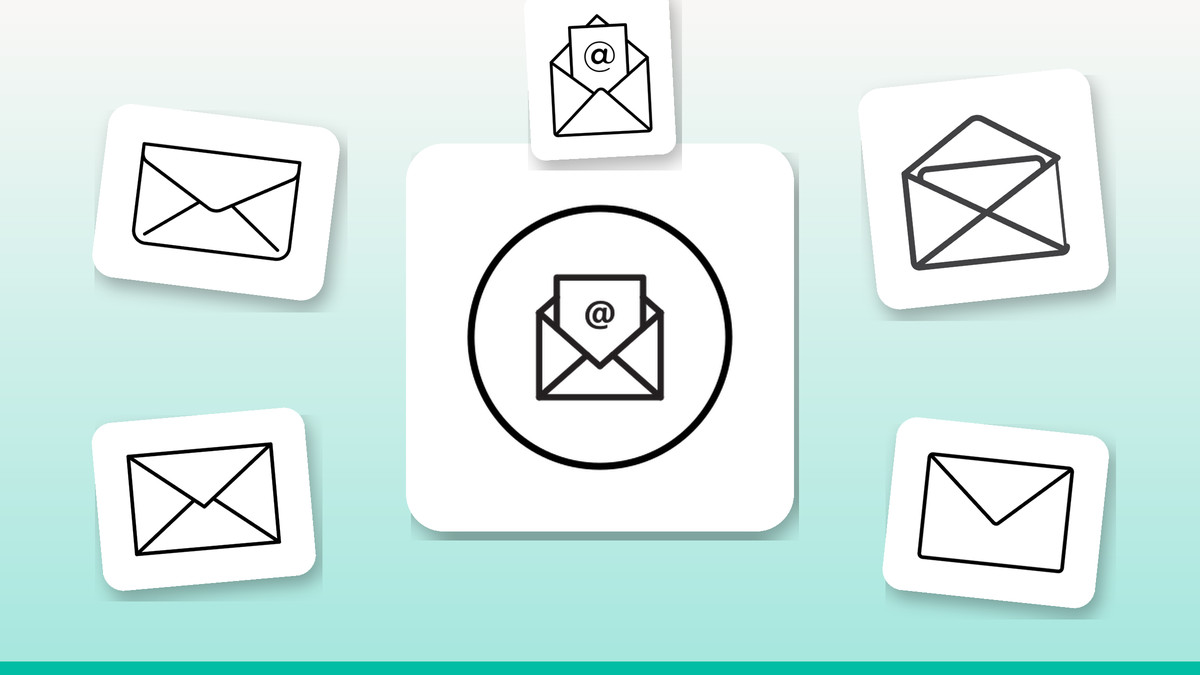 Grid collage of ten envelope and email icons in outline, filled, colour-outline and colour-filled styles.