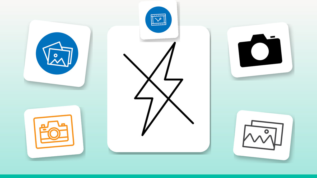 Collage of camera, gallery, film strip and photo frame icons in outline, filled and colour styles
