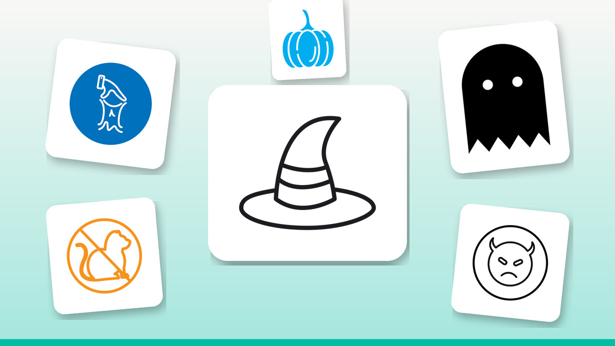 Collage of Halloween icons: jack-o'-lantern, ghost, bat, devil face, graveyard, slime tube and pumpkins