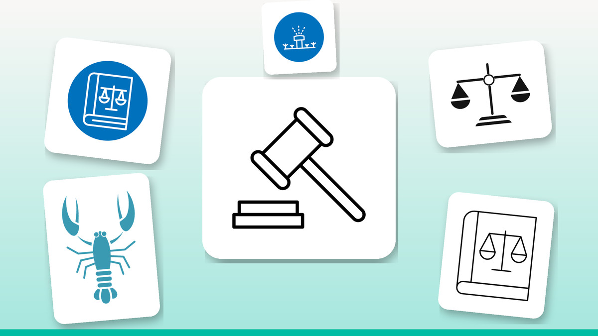 Collage of gavel, scales, law books, an attorney figure, a briefcase and a lobster icon in matching outline style